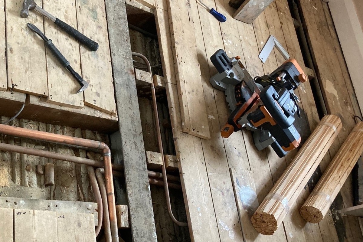 Pine floor during restoration